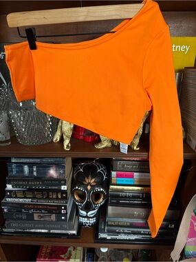 Crooked Tongues - One-Shoulder Neon Orange Long-Sleeve Crop Top - Women’s Medium